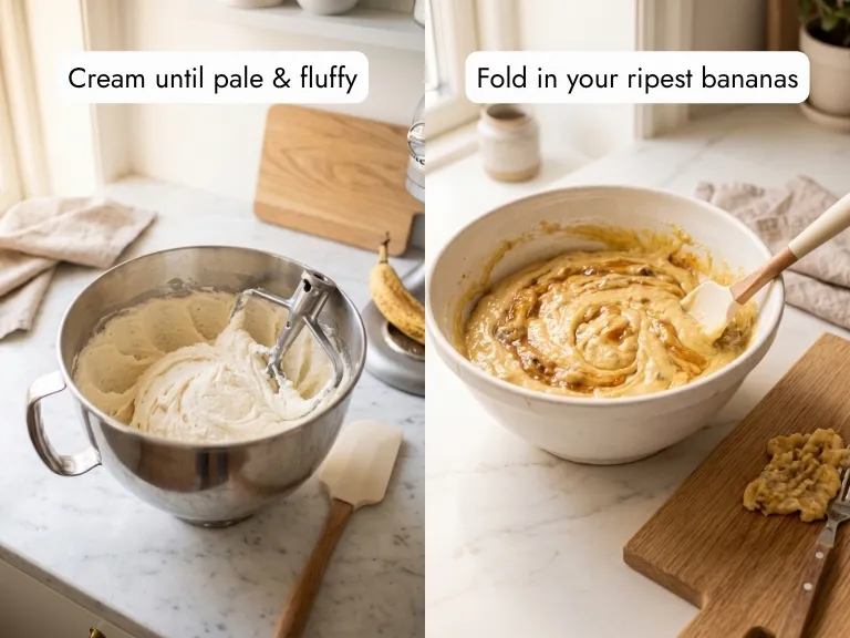 Banana cream cake batter process — pale creamed butter and sugar in stand mixer bowl and ripe mashed bananas folded into the batter for moist golden cake layers