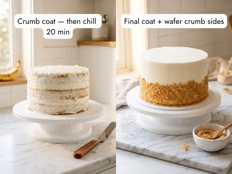 Frosting a banana cream layer cake — thin crumb coat sealing the layers and smooth vanilla buttercream final coat with vanilla wafer crumbs pressed along the sides