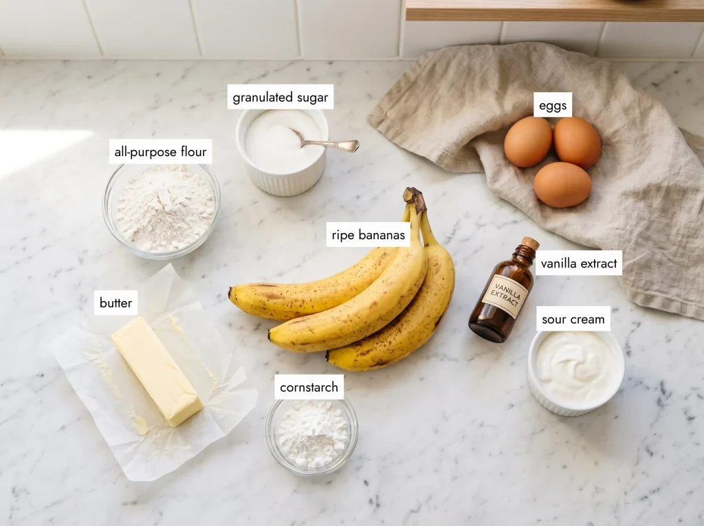 Banana cream cake ingredients flat lay overhead on white marble including ripe bananas eggs butter flour sour cream and vanilla
