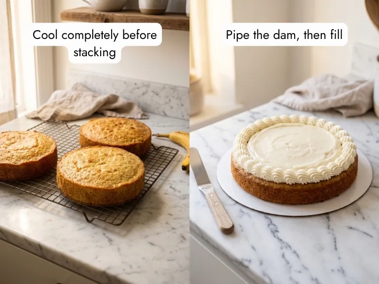 Banana cream cake assembly steps — three golden banana cake layers cooling on a wire rack and buttercream frosting dam piped around the edge before filling with pastry cream