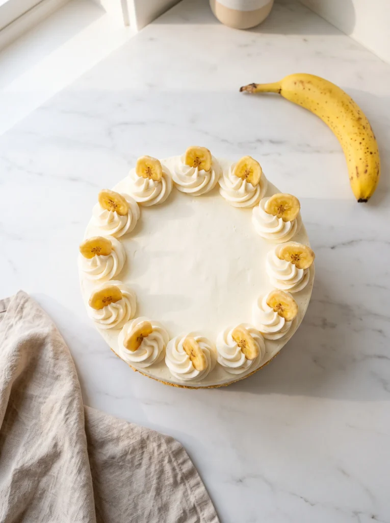 Classic banana cream layer cake seen from above with piped vanilla buttercream rosettes and fresh banana slices on white marble banana cream cake