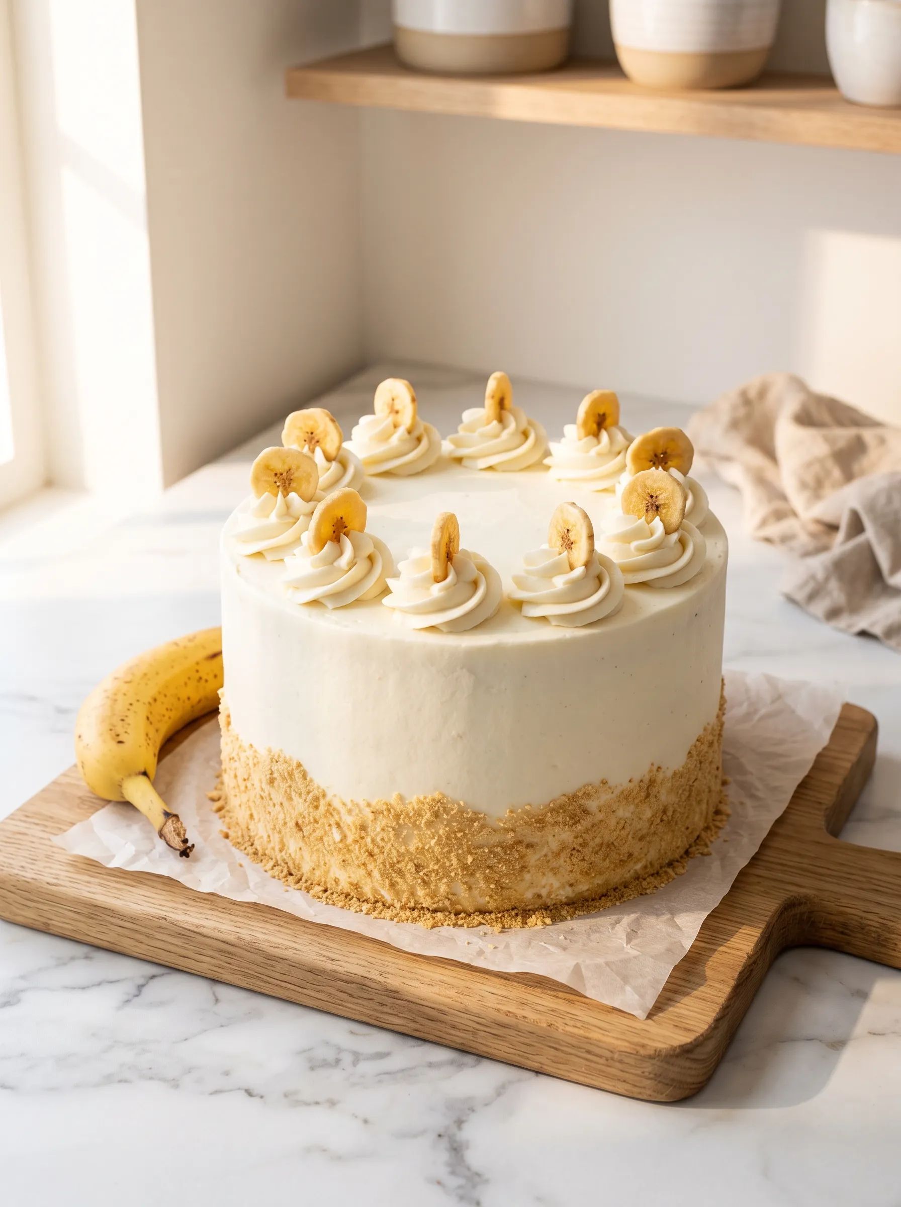 Classic banana cream layer cake with vanilla buttercream frosting and vanilla wafer crumbs on white marble counter