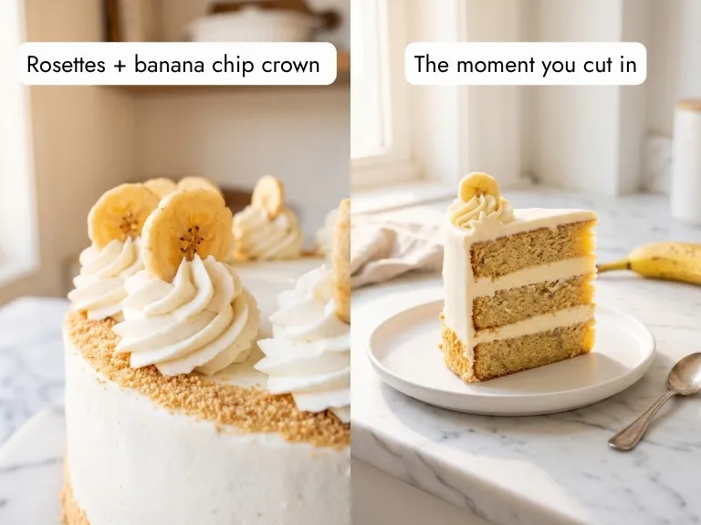 Finished banana cream cake with piped vanilla buttercream rosettes and banana chips on top and a slice showing the thick vanilla pastry cream filling between golden cake layers