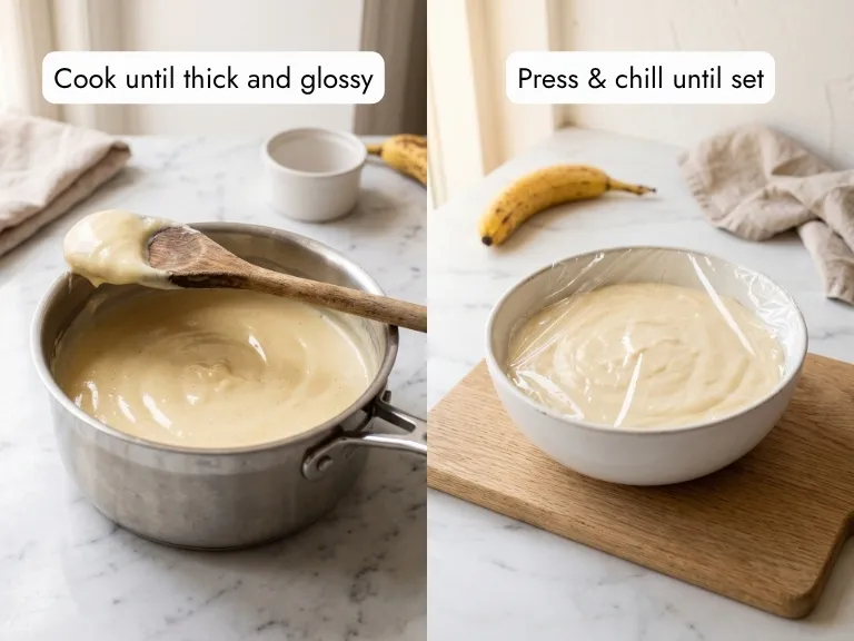 Homemade vanilla pastry cream for banana cream cake — thick golden cream cooking in saucepan and chilled cream set in bowl ready to fill the cake layers