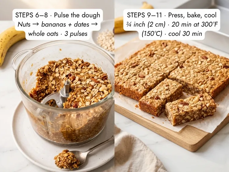 Banana granola bar recipe step by step: sticky date and roasted banana dough in a food processor, then the baked slab sliced into 8 bars