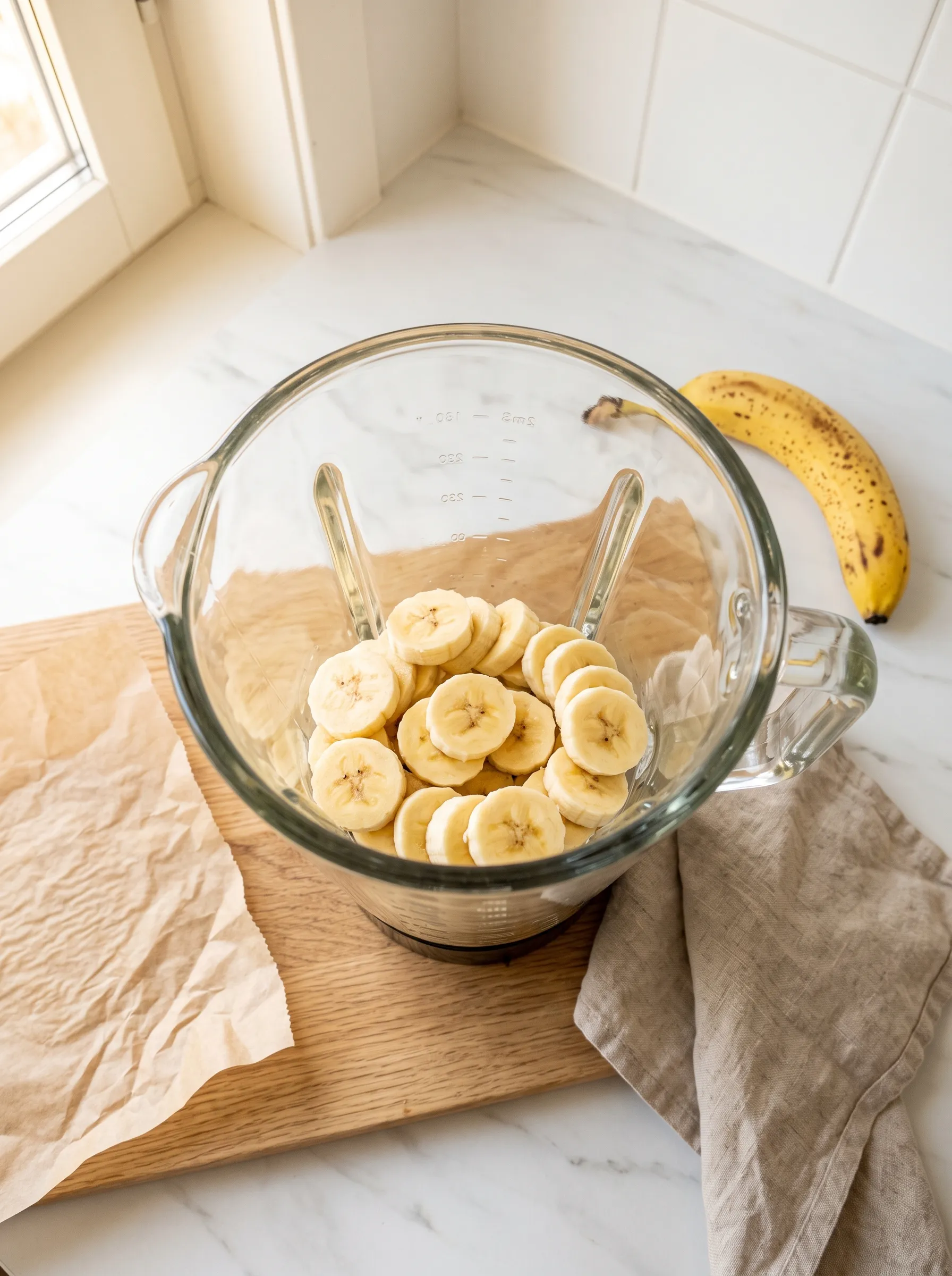 Peeled banana sliced into rounds at the bottom of a blender for banana milkshake recipe
