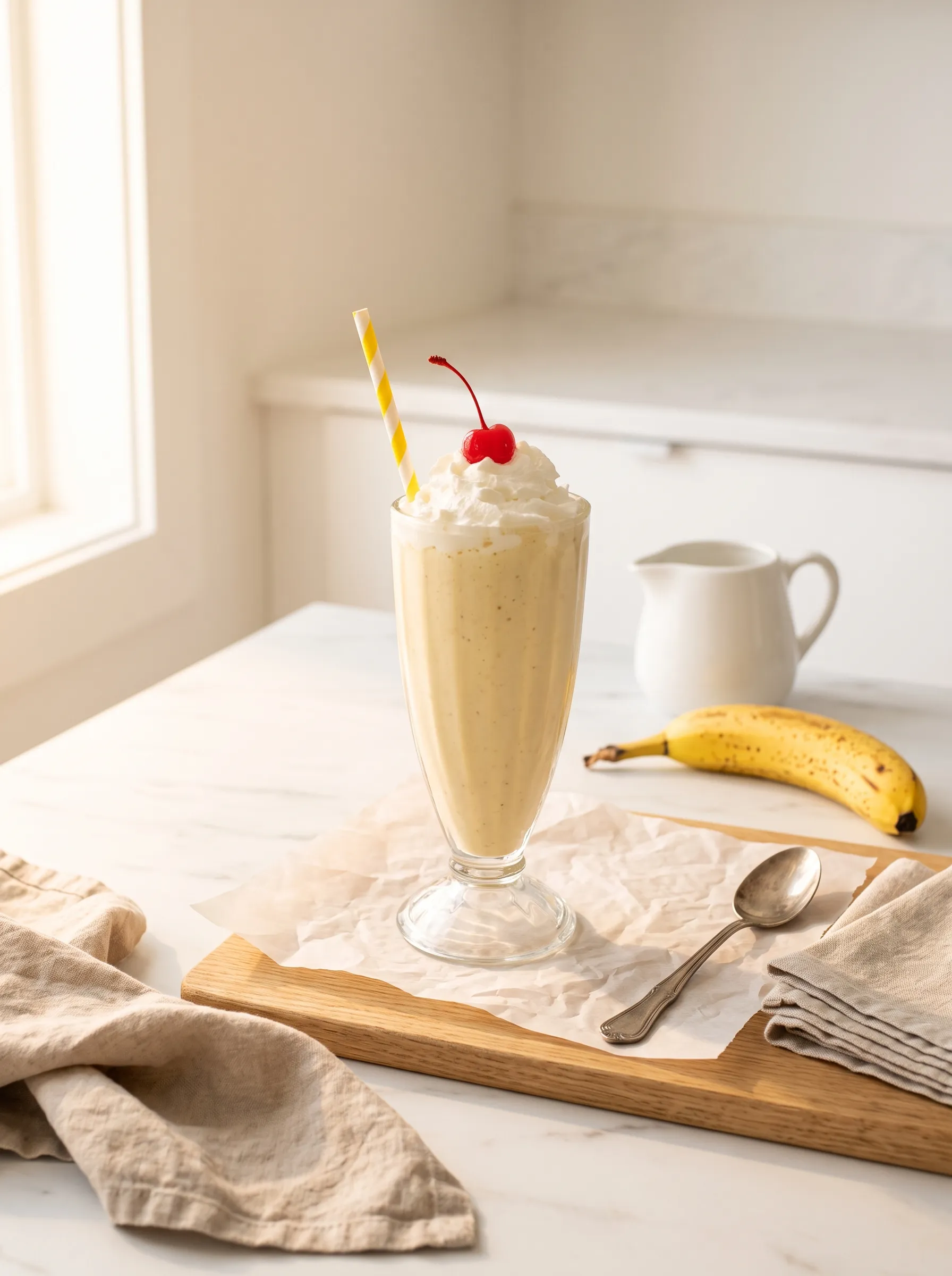 Golden banana milkshake in a glass on a white marble counter with a ripe banana, banana milkshake recipe lifestyle shot