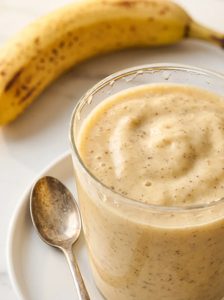 Rich, creamy banana milkshake texture up close, showing how to make banana milkshake thick and velvety