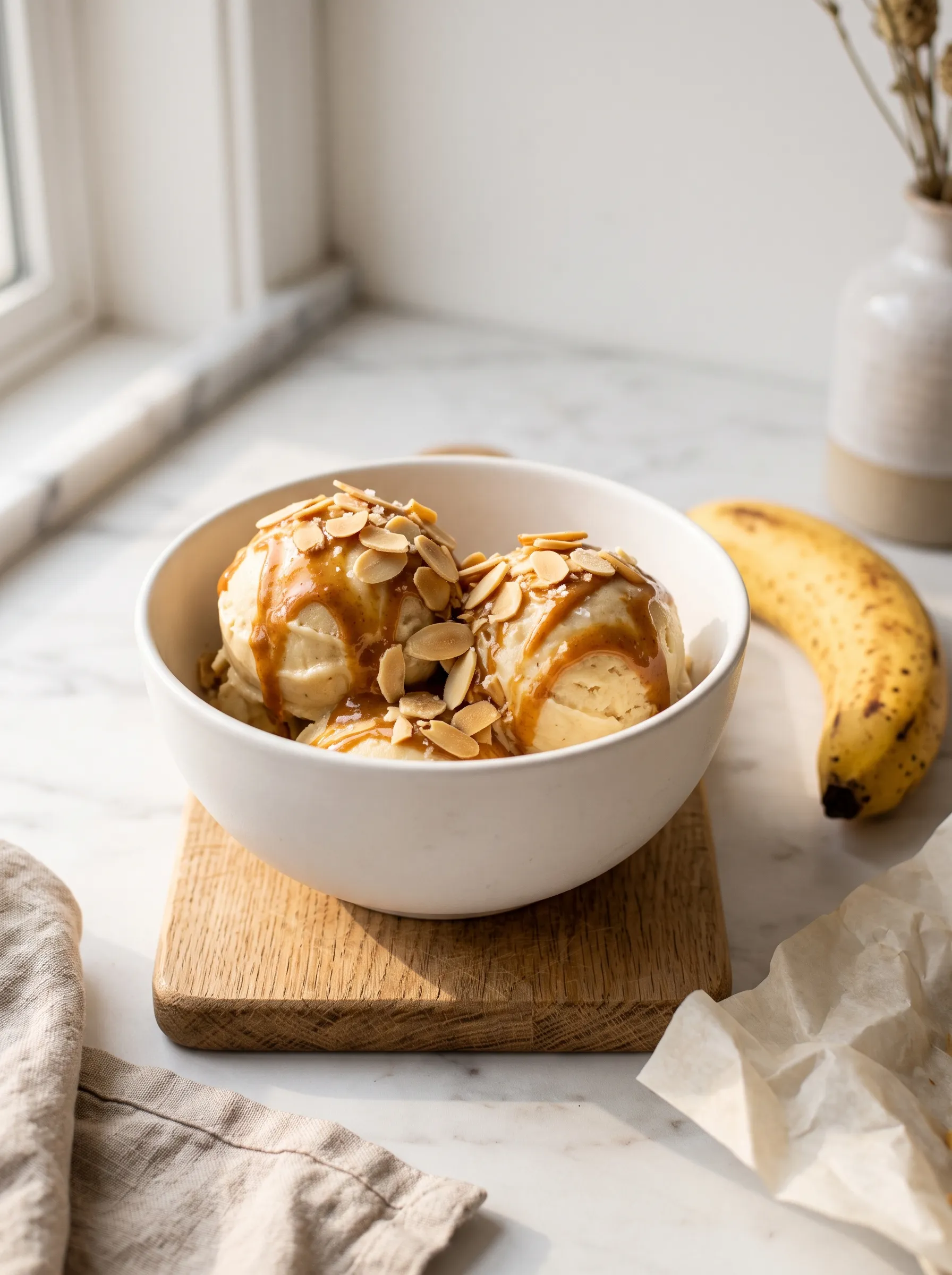 Banana nice cream with an amlou swirl and toasted almonds