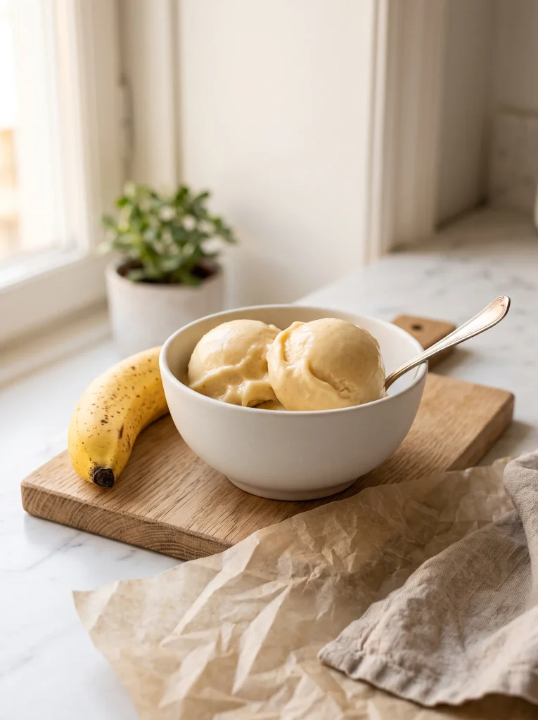 Two scoops of creamy frozen banana ice cream in a white ceramic bowl, one ingredient, dairy free