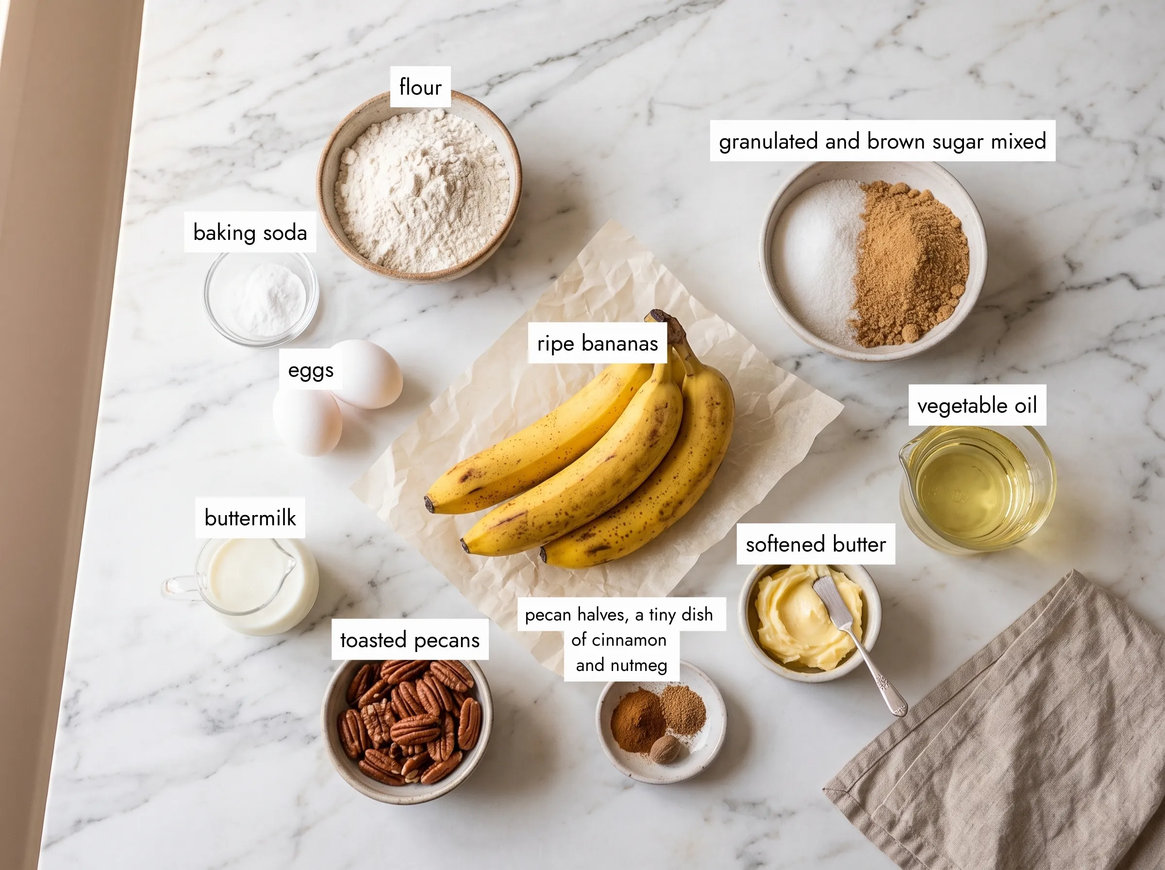 all ingredients for southern banana nut cake recipe flat lay on white marble including ripe bananas pecans butter buttermilk