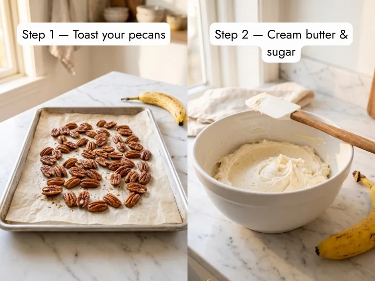 how to make southern banana nut cake step by step toasting pecans and creaming butter sugar