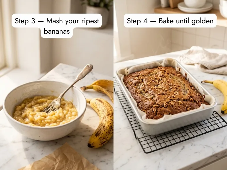 banana nut cake recipe process mashing ripe bananas and golden cake fresh out of oven