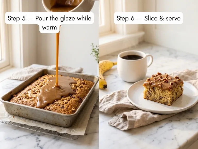 southern banana nut cake brown butter pecan glaze poured over warm cake and finished slice with coffee