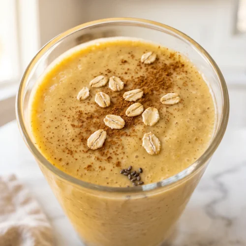 thick banana oat smoothie in clear glass topped with rolled oats and cinnamon on white marble counter — creamy oatmeal breakfast smoothie ready in 5 minutes