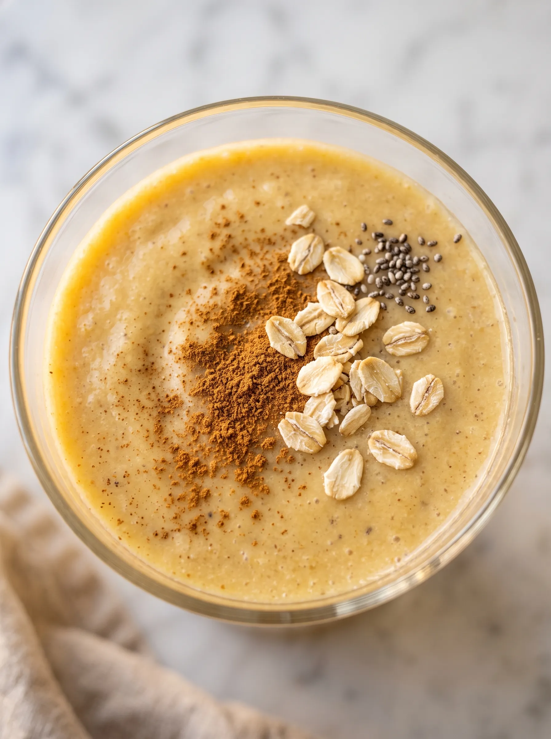 close-up top view of banana oat smoothie surface with cinnamon dusting and scattered rolled oats in tall clear glass