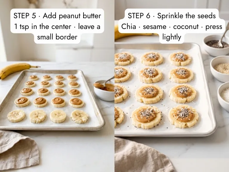Banana peanut butter bites recipe step by step: smashed banana slices with peanut butter in the center, then topped with chia, sesame and coconut