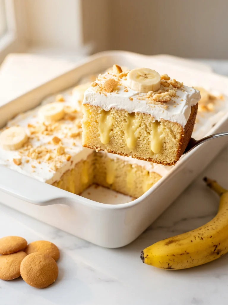 First cut into banana pudding poke cake revealing 7 golden banana cream pudding tunnels running vertically through the soft golden sponge, topped with Cool Whip and Nilla Wafers