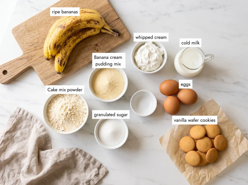 Overhead flat lay of banana pudding poke cake ingredients on white marble: yellow cake mix box, banana cream pudding packets, ripe bananas, Nilla Wafers, eggs, milk, and Cool Whip