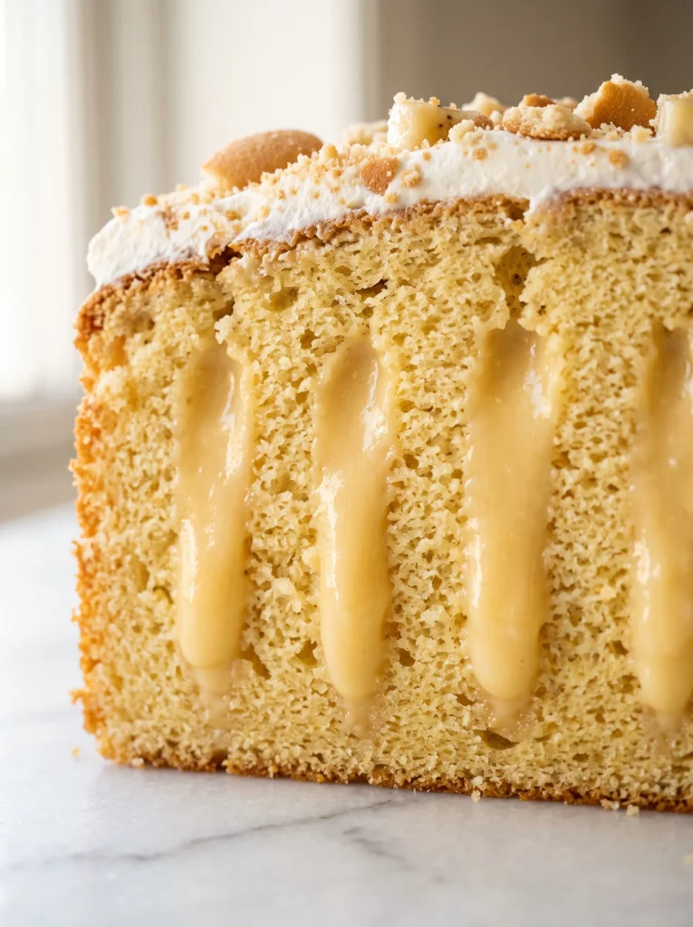 Extreme close-up of banana poke cake cross-section showing creamy golden banana cream pudding columns inside the soft sponge cake crumb
