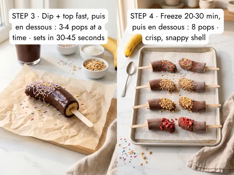 Banana popsicle recipe step by step: a freshly dipped chocolate pop with pastel sprinkles, then 8 finished pops set on a tray