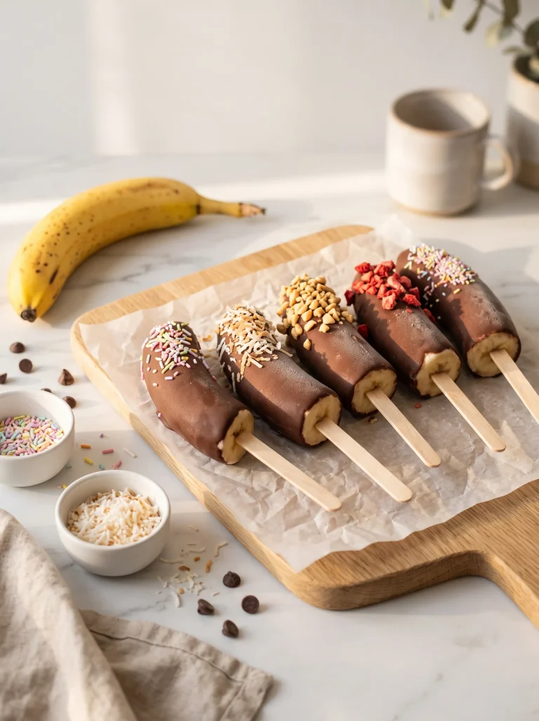 Banana popsicles dipped in chocolate with pastel sprinkles, toasted coconut, chopped peanuts and freeze-dried strawberries