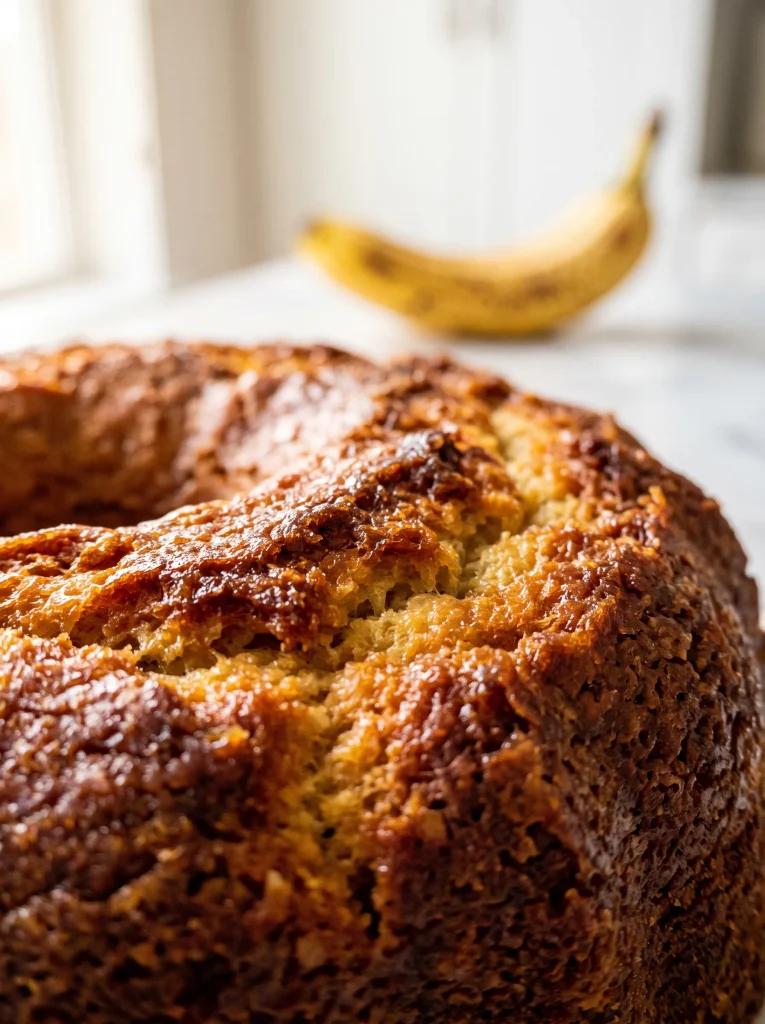 Extreme close-up of caramelized golden-brown crust on Southern banana pound cake, crackled ridges from bundt mold