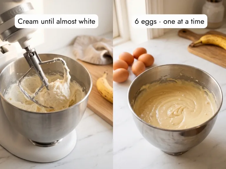 Step-by-step banana pound cake: creaming butter and sugar to pale white, then adding six eggs one at a time in stand mixer