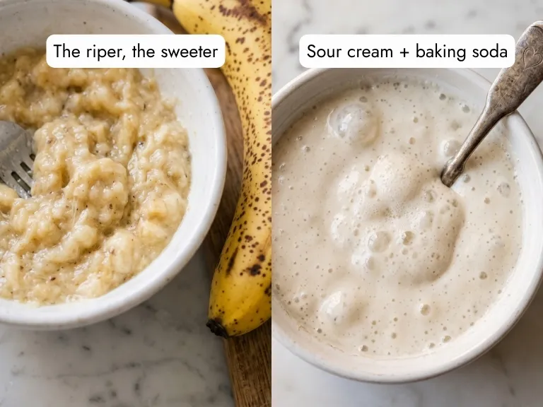 Mashed ripe spotted bananas in white bowl and sour cream mixed with baking soda in ramekin, two key ingredients for moist banana pound cake