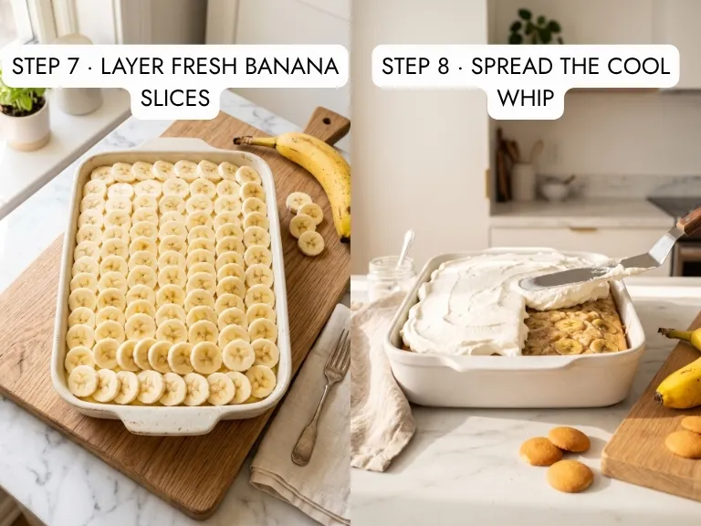 Step-by-step banana pudding poke cake assembly: fresh banana rounds arranged in an even layer over the chilled banana cream poke cake, then smooth Cool Whip being spread with an offset spatula over the banana layer as the final creamy topping