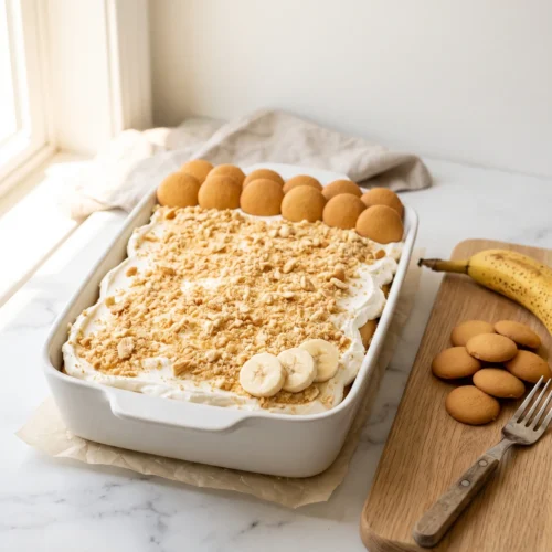 Banana pudding poke cake in a 9x13 white ceramic dish topped with Cool Whip, crushed Nilla Wafers, and fresh banana slices on a white marble counter