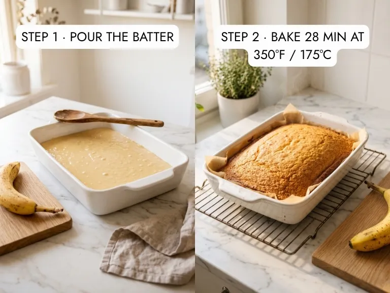 Banana pudding poke cake step-by-step: pale yellow banana cake batter poured into a greased 9x13 baking dish, then the same dish with a domed golden-amber sponge cake freshly baked at 350°F — first two steps of the poke cake method