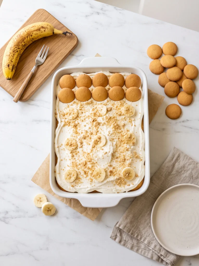 Overhead view of the finished banana pudding poke cake in a 9x13 dish topped with Cool Whip, crushed Nilla Wafers, banana slices, and whole vanilla wafer cookies
