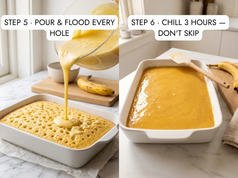 Banana cream pudding being poured from a bowl over a poked sponge cake flooding every hole, beside the fully covered banana pudding poke cake in its 9x13 dish soaked and ready for 3 hours of refrigerator chilling