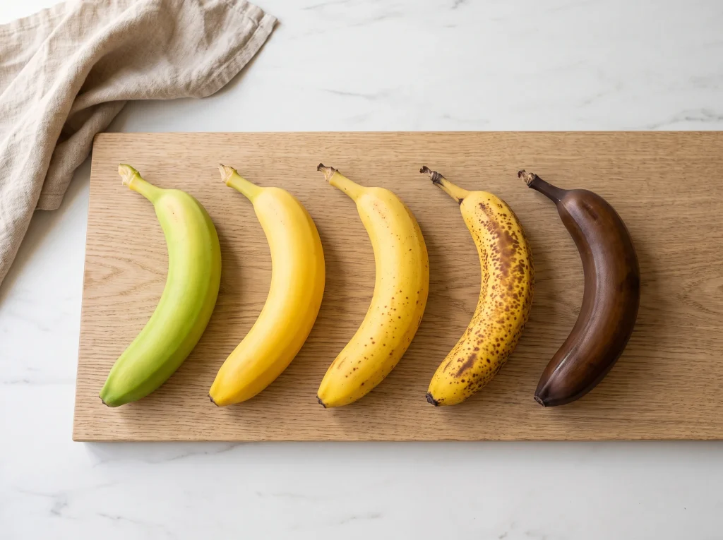 Five banana ripeness stages lined up from green to golden yellow, freckled, brown and deep brown on an oak board