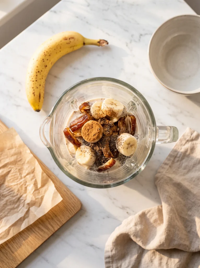 Blender filled with almond milk, banana, dates, chia seeds, and cinnamon