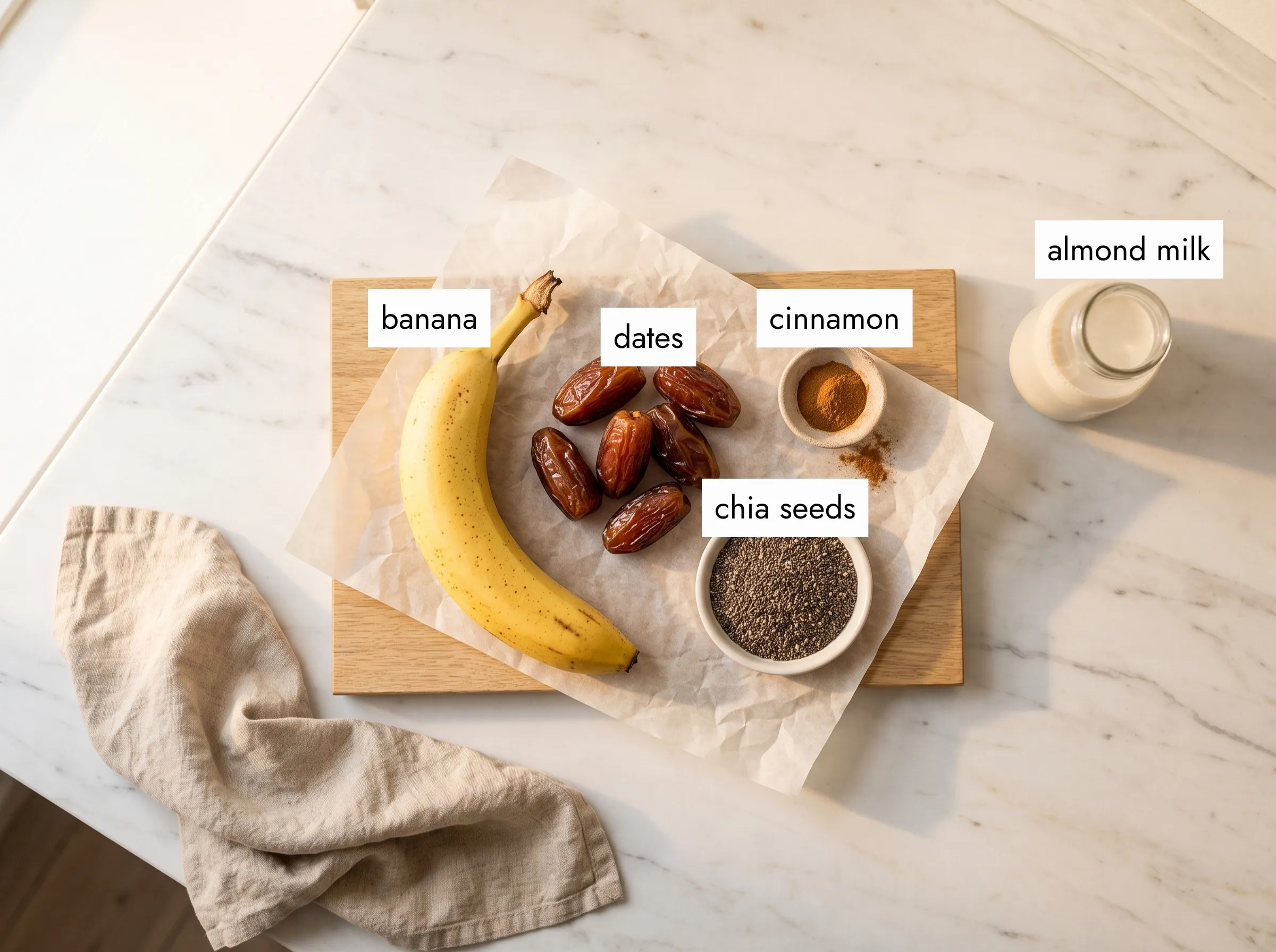 Raw ingredients for a healthy banana smoothie — banana, dates, chia seeds, and almond milk