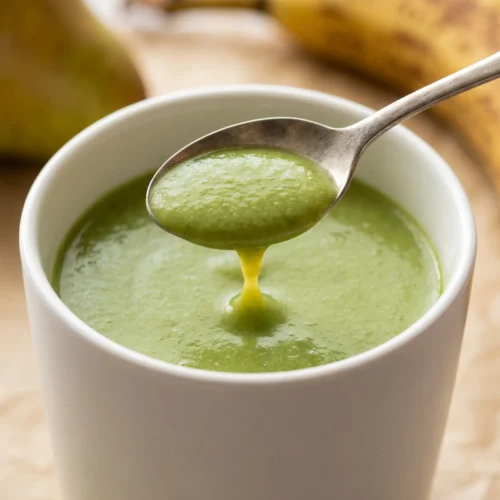 Green banana smoothie in a white ceramic cup, a silver spoon lifting the silky pear and spinach blend, ripe banana behind