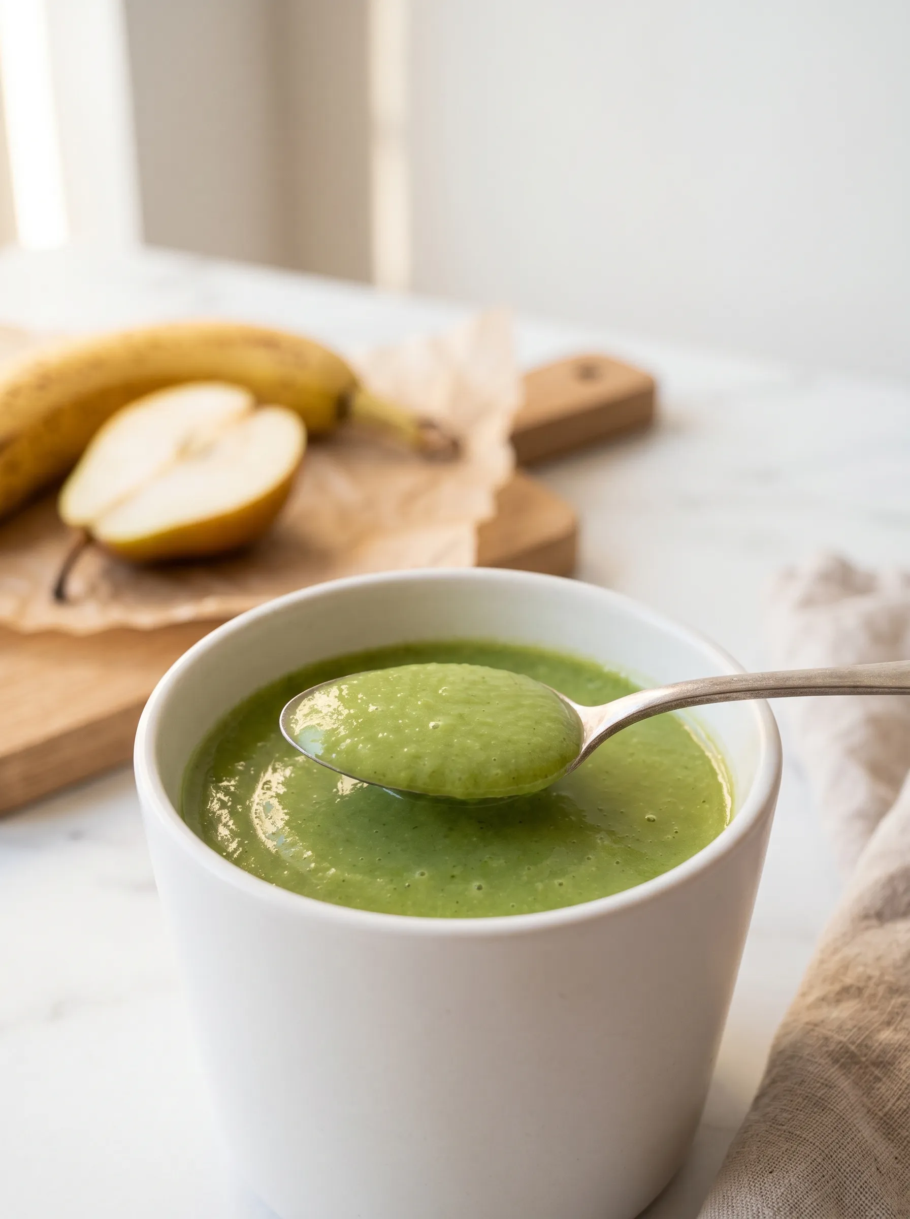 Close-up of a silky banana, pear and spinach smoothie on a vintage silver spoon, blended smooth with no leaf pieces