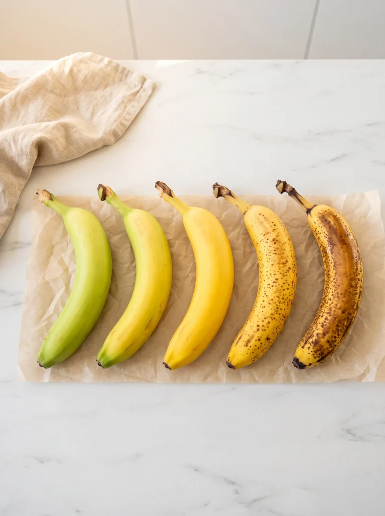 Five bananas in a row from green to golden to freckled brown on white marble, banana storage by ripeness stage