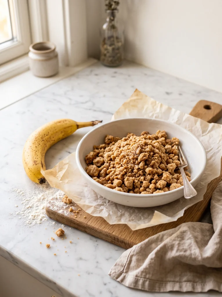 Mixing banana streusel topping in a white ceramic bowl