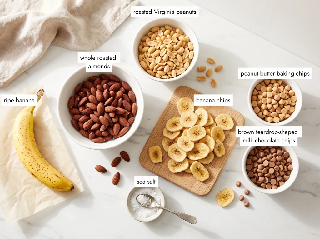 Banana trail mix ingredients in white bowls: roasted almonds, peanuts, banana chips, peanut butter chips and chocolate chips