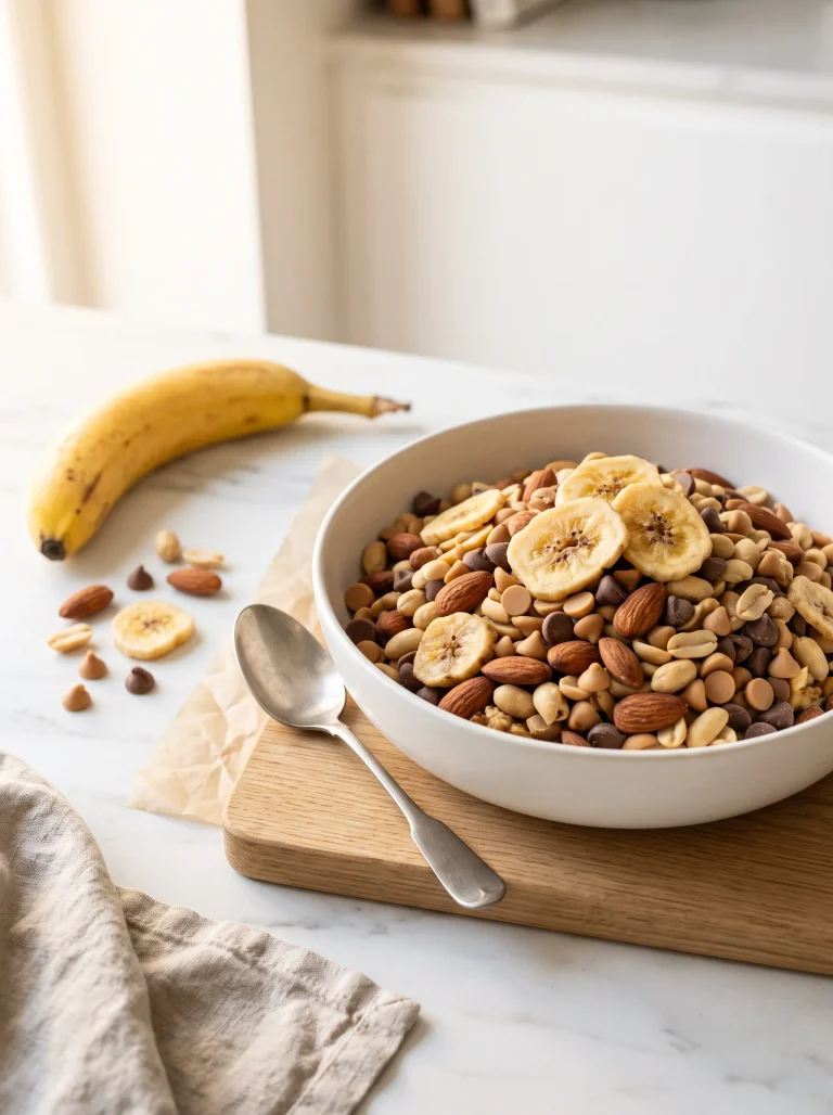 Banana trail mix with crispy banana chips, almonds, salted peanuts, peanut butter chips and chocolate chips in a white bowl