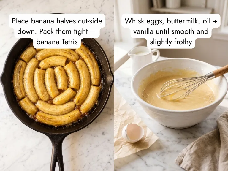 Banana upside-down cake process: banana halves arranged cut-side down over caramel then whisking buttermilk egg batter in bowl