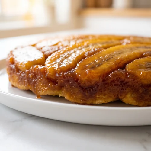 Close up of sticky amber caramel glaze over banana halves on caramelized banana upside-down cake