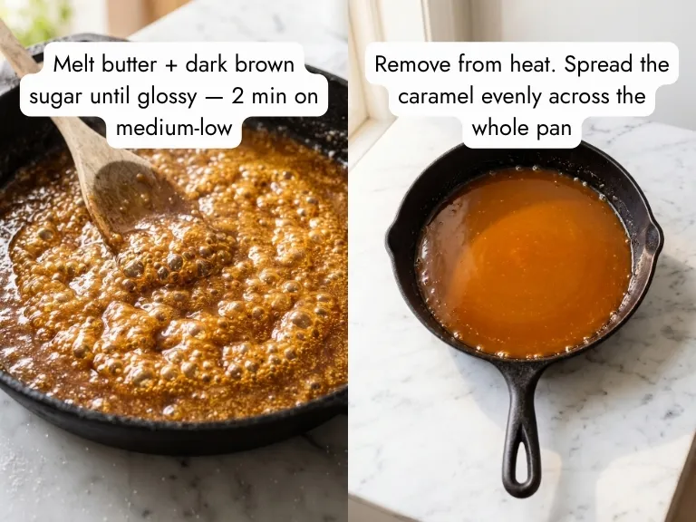 How to make caramel for banana upside-down cake: butter and dark brown sugar melting then spread smooth in cast iron skillet