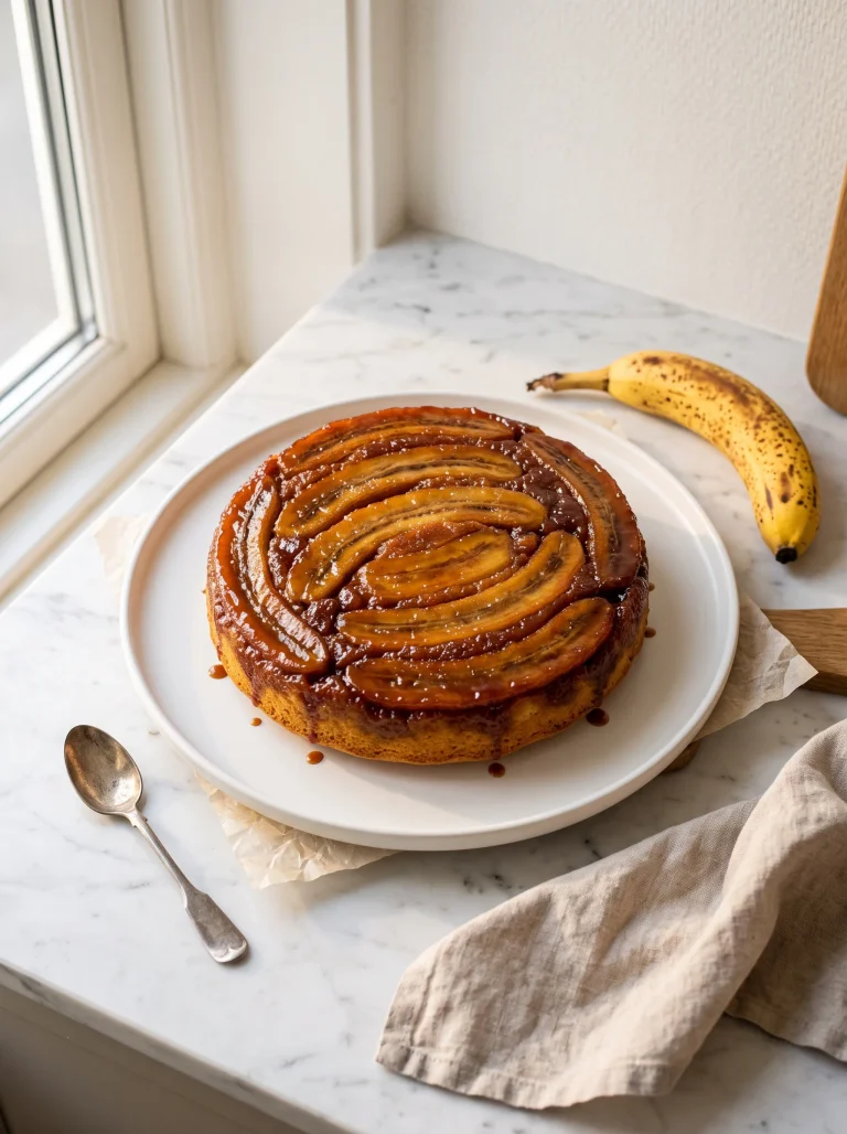 Whole caramelized banana upside-down cake on white plate with glistening brown sugar caramel topping