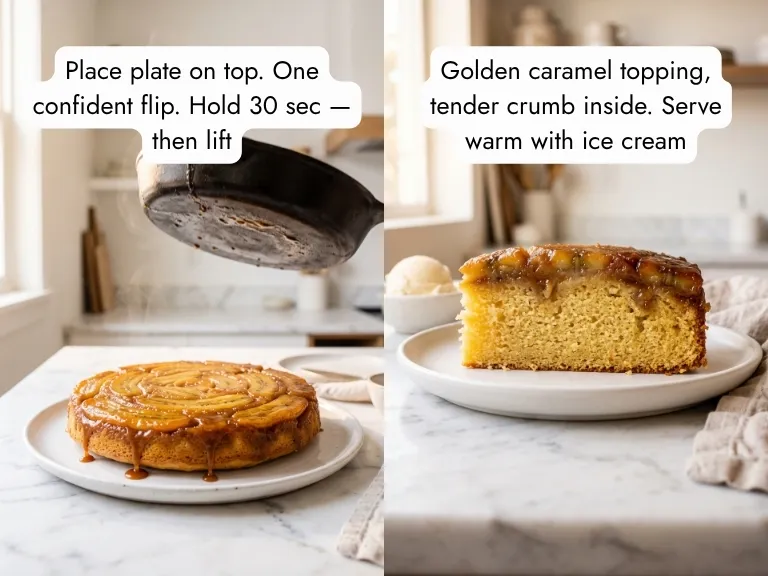 Banana upside-down cake flip reveal with caramel dripping from cast iron skillet then golden slice showing moist caramel crumb