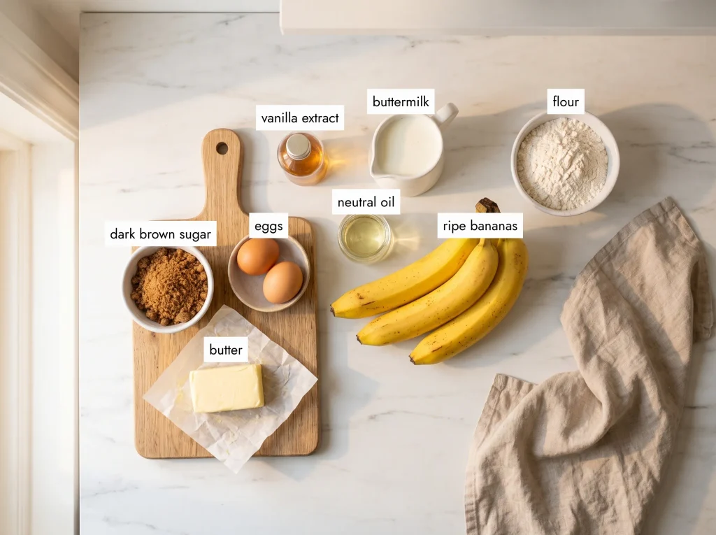Banana upside-down cake ingredients: ripe bananas, dark brown sugar, butter, buttermilk, eggs and flour on white marble