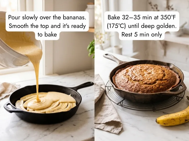 Banana upside-down cake batter poured over banana layer in cast iron skillet then baked golden in oven